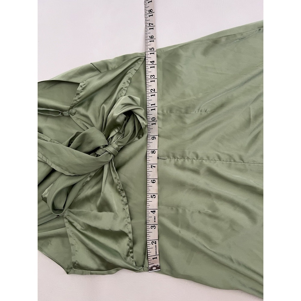12th Tribe Tulum Green Satin Fringe Midi Dress L (M) Open Tie Back Party Boho - Picture 12 of 12